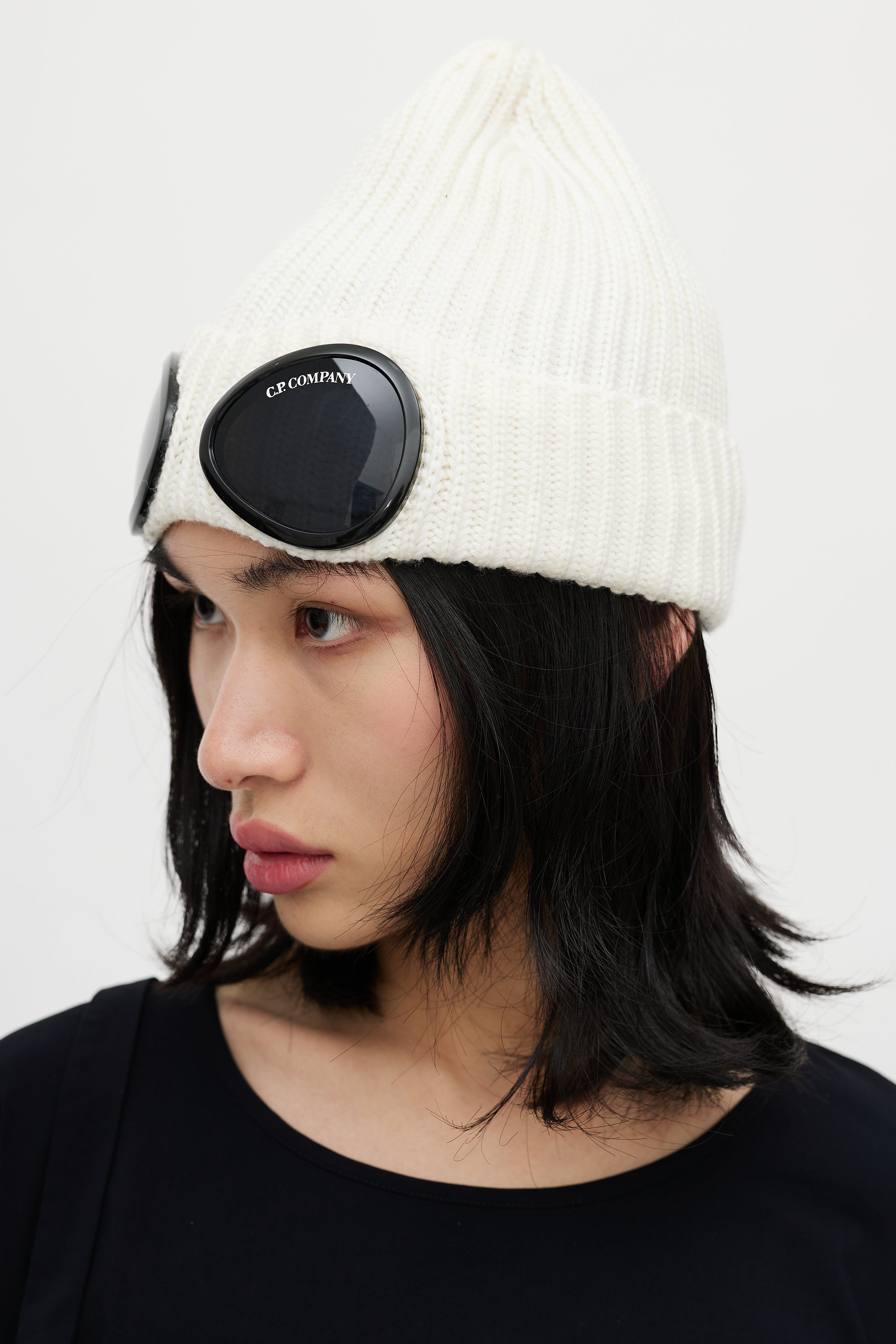 cp company goggle beanie C.P. Company // Cream Wool Knit Goggle Beanie – VSP Consignment