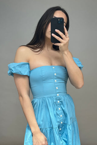Blue Cotton Off Shoulder Elio Dress