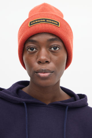 Canada Goose Orange Ribbed Logo Patch Beanie