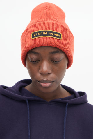 Canada Goose Orange Ribbed Logo Patch Beanie