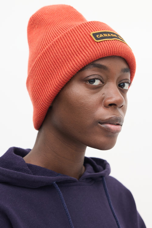 Canada Goose Orange Ribbed Logo Patch Beanie