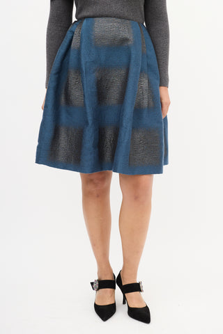 Carolina Herrera Blue & Black Cloque Brocade Midi Skirt