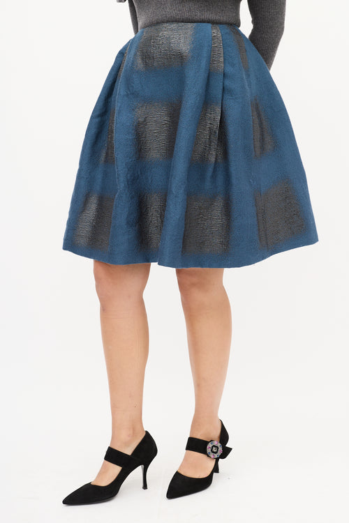 Carolina Herrera Blue & Black Cloque Brocade Midi Skirt