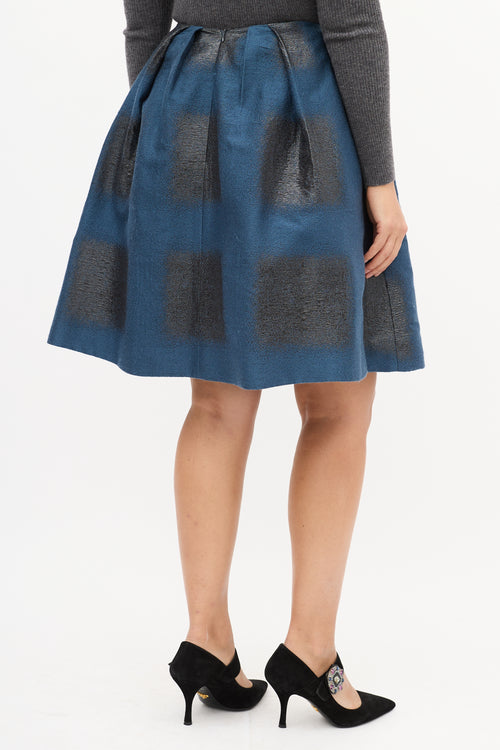 Carolina Herrera Blue & Black Cloque Brocade Midi Skirt