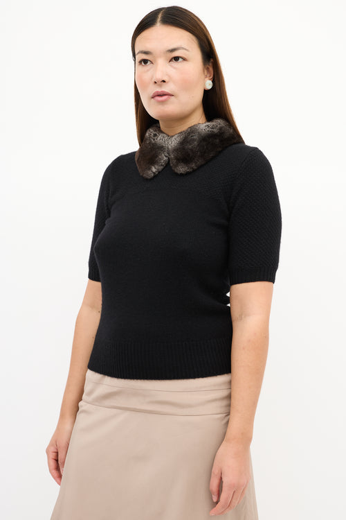 Carolina Herrera Black Cashmere & Fur Collar Knit Top