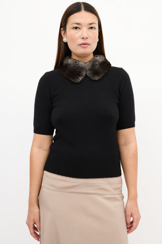 Carolina Herrera Black Cashmere & Fur Collar Knit Top