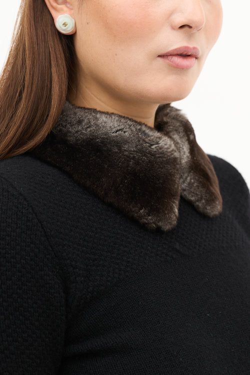 Carolina Herrera Black Cashmere & Fur Collar Knit Top