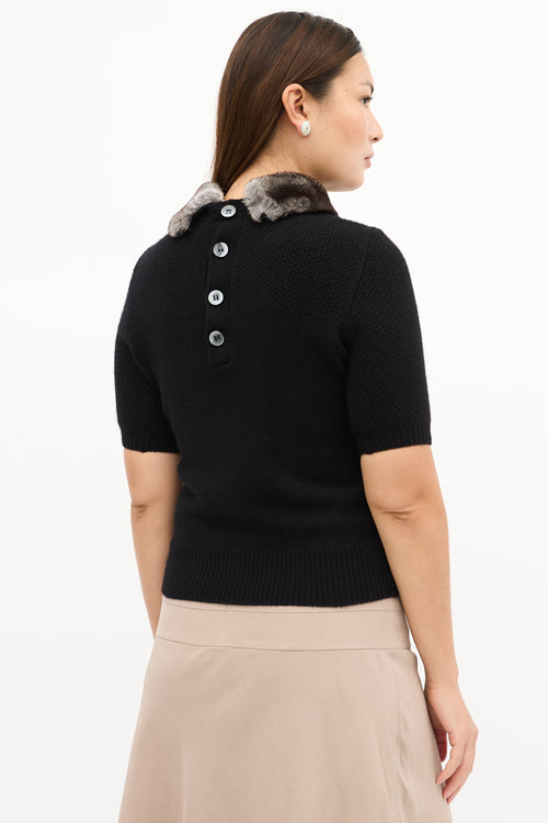 Carolina Herrera Black Cashmere & Fur Collar Knit Top