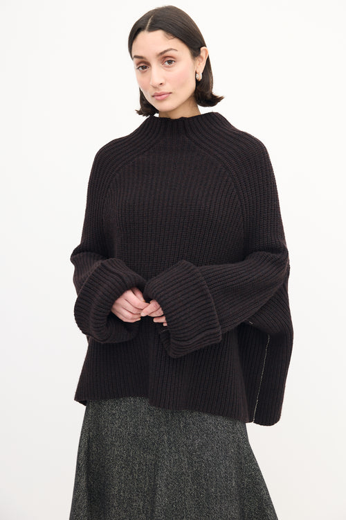 Celine Dark Brown Wool Knit Mock Neck Sweater