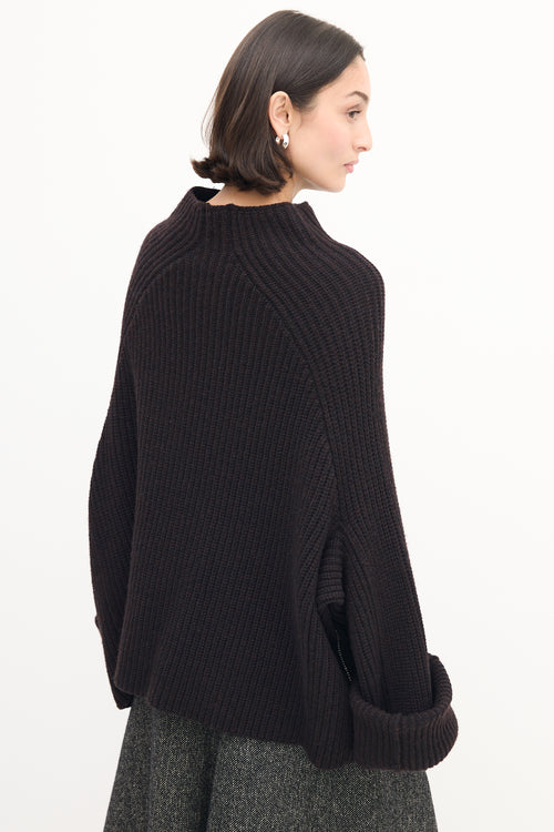 Celine Dark Brown Wool Knit Mock Neck Sweater