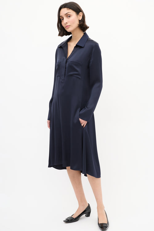 Celine Navy Silk Two Pocket Midi Dress