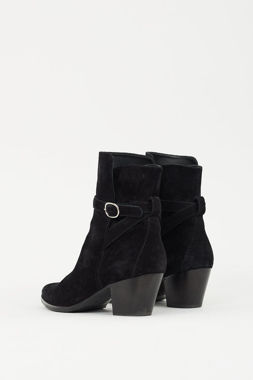 Celine Black Suede Buckle Strap Ankle Boot