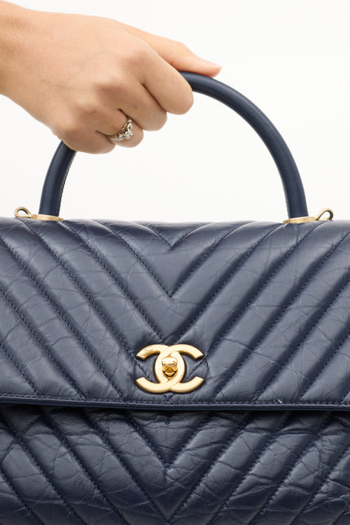 Chanel 2018 Navy Chevron Leather Medium Coco Handle Bag