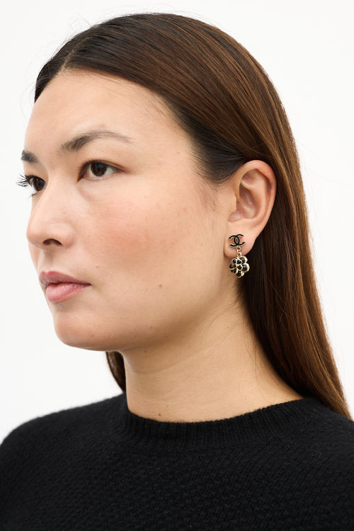 Chanel SS 2009 Gold & Black Camelia CC Drop Earrings