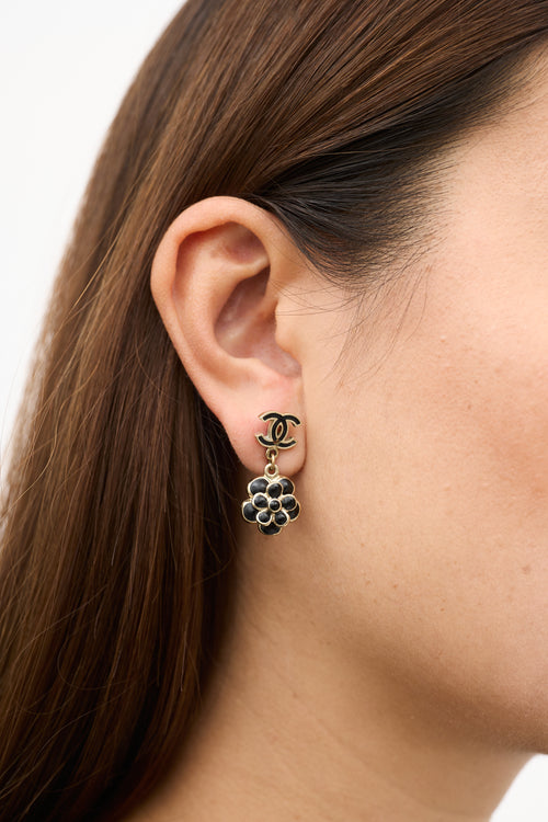 Chanel SS 2009 Gold & Black Camelia CC Drop Earrings