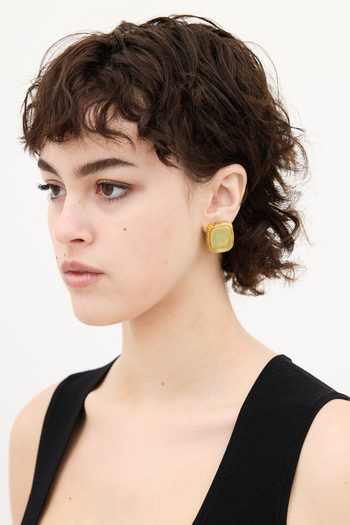 Chanel Vintage Gold & Green Gripoix Logo Clip On Earrings