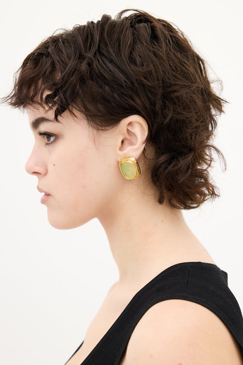 Chanel Vintage Gold & Green Gripoix Logo Clip On Earrings