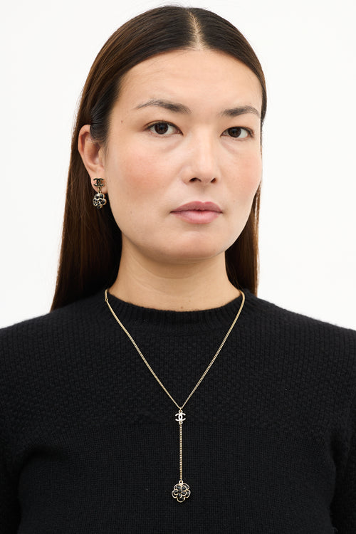 Chanel SS 2009 Gold & Black Camelia CC Drop Necklace