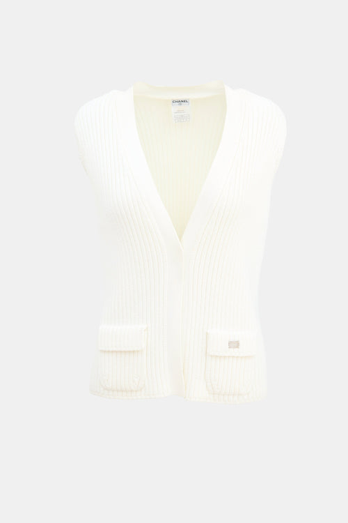 Chanel SS 2002 White Cotton Knit Two Pocket Vest
