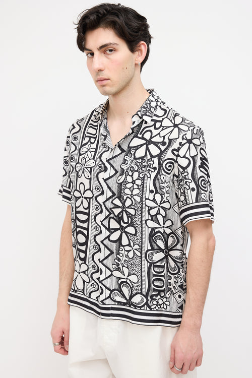 Dior White & Black Silk Floral Print Shirt