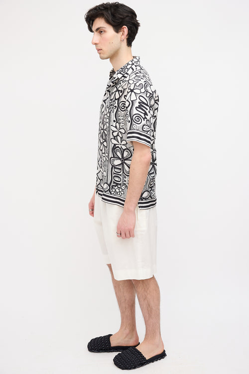 Dior White & Black Silk Floral Print Shirt
