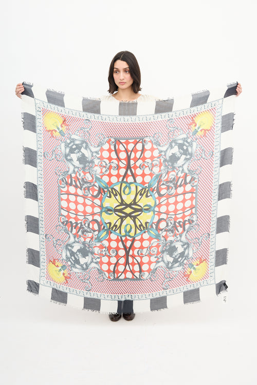 Christian Louboutin Red & Multi Polka Dotted Graphic Scarf