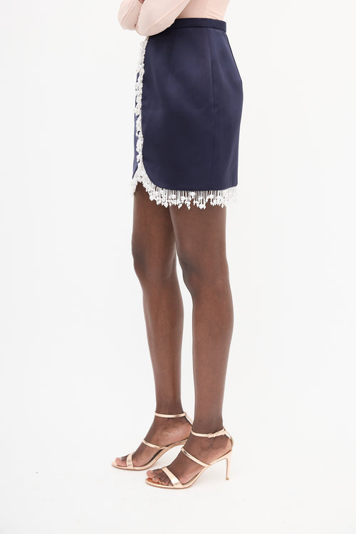 Christopher Kane Navy Satin Pearl Embellished Skirt