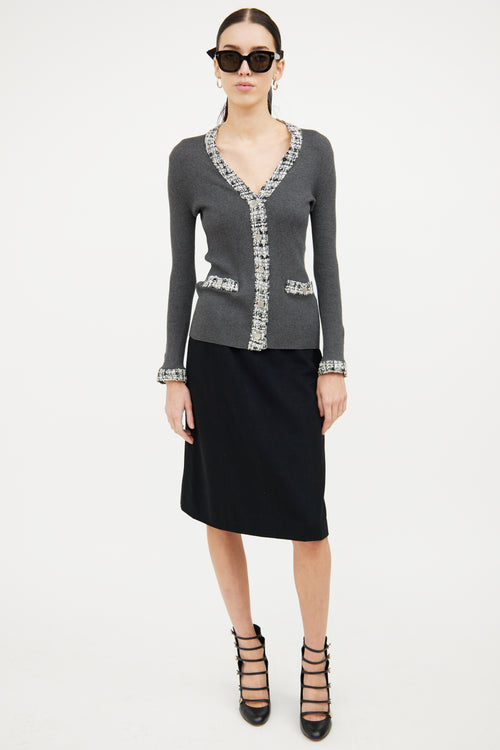 Chanel Grey Tweed Trim Cardigan