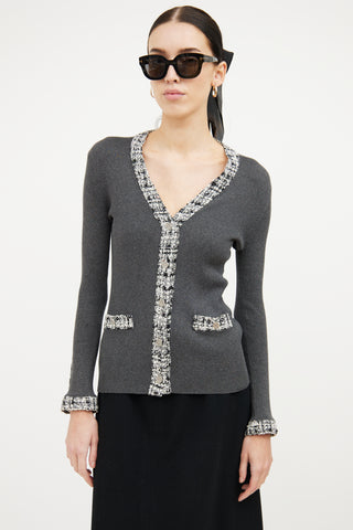 Chanel Grey Tweed Trim Cardigan