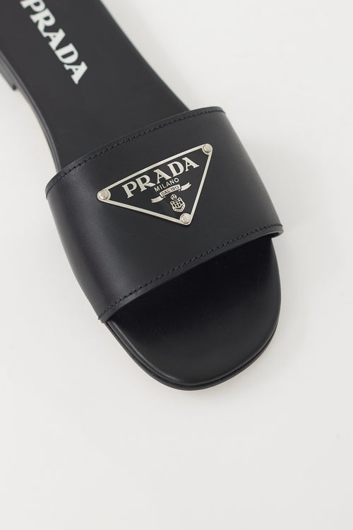 Black & Silver Leather Logo Sandal