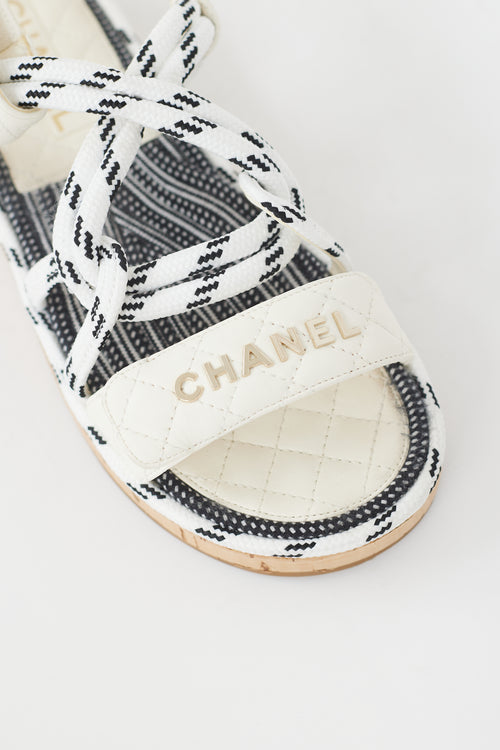 White & Black Leather CC Logo Quilted Rope Sandal
