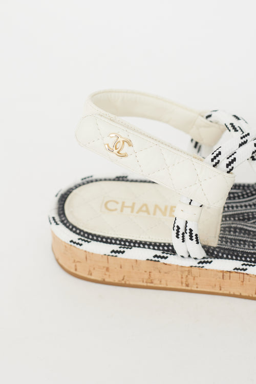 White & Black Leather CC Logo Quilted Rope Sandal