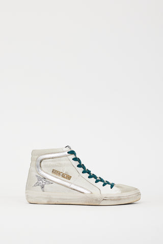 Golden Goose White & Silver Leather Slide Glitter Sneaker