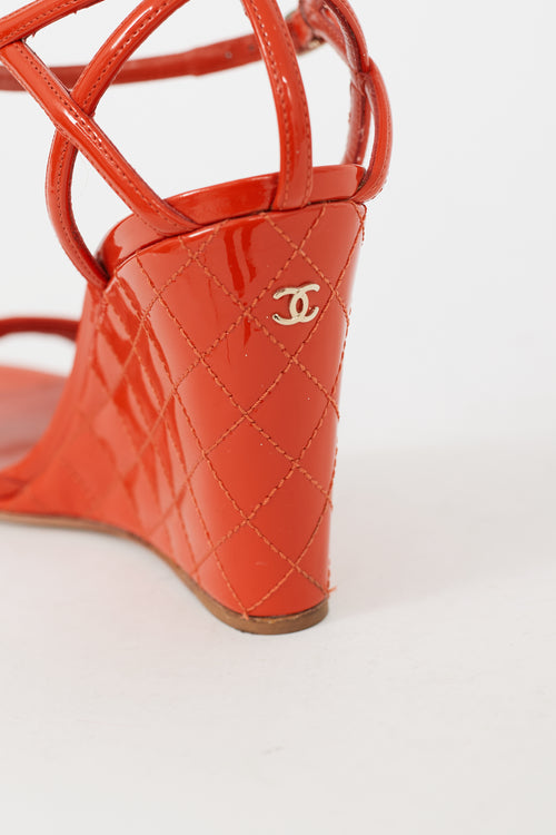 Chanel Red Patent Leather Quilted Wedge Sandal