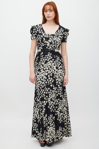 Carolina Herrera Black & Cream Silk Floral Pleated Dress