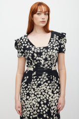 Carolina Herrera Black & Cream Silk Floral Pleated Dress