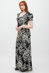 Carolina Herrera Black & Cream Silk Floral Pleated Dress