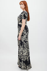 Carolina Herrera Black & Cream Silk Floral Pleated Dress
