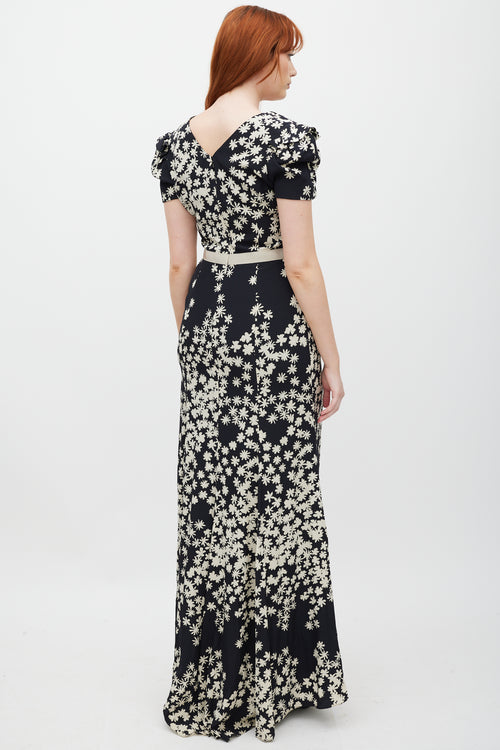 Carolina Herrera Black & Cream Silk Floral Pleated Dress