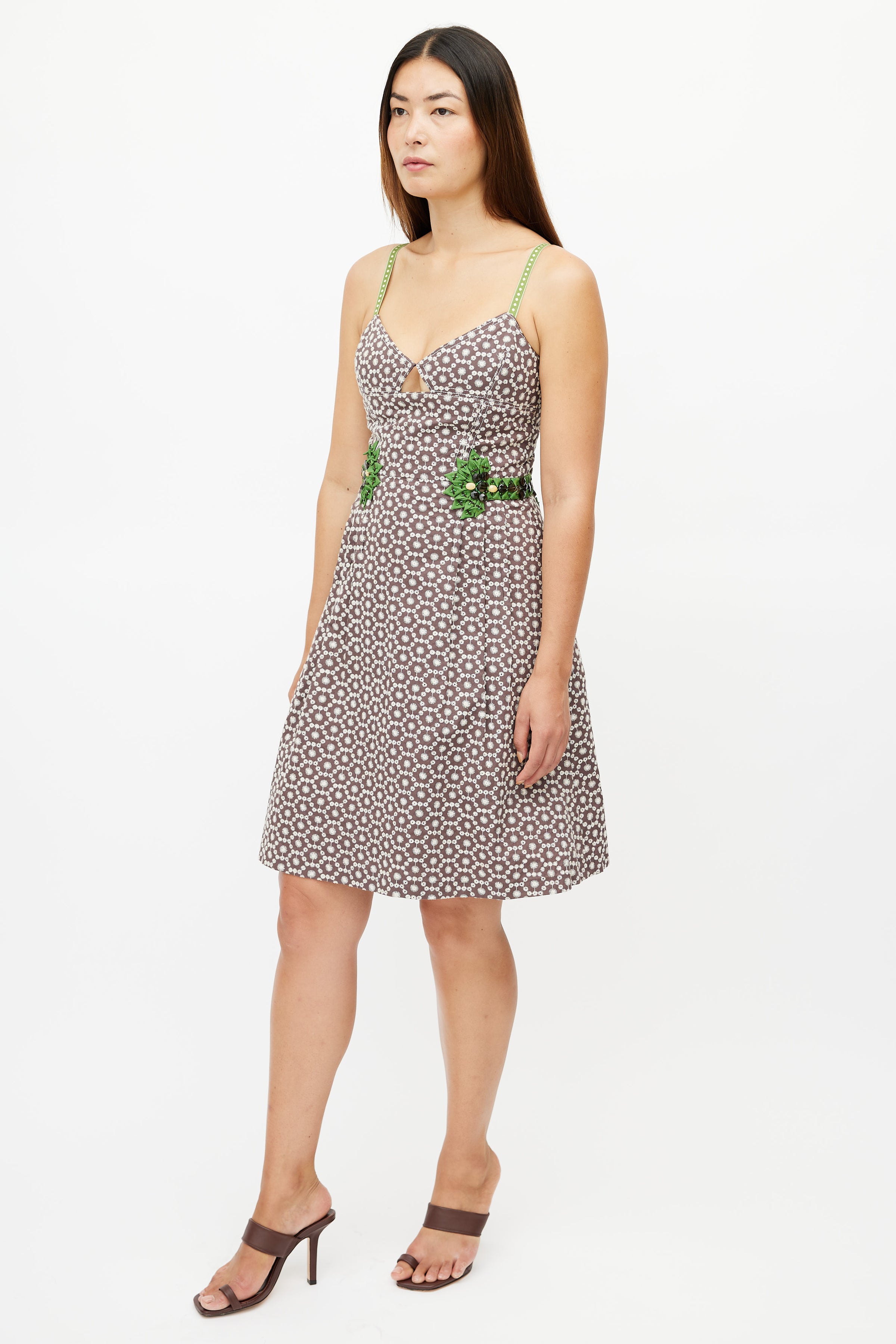 Carolina Herrera // Brown & Green Print Embellished Dress VSP Consignment Carolina Herrera // Brown & Green Print Embellished Dress VSP Consignment