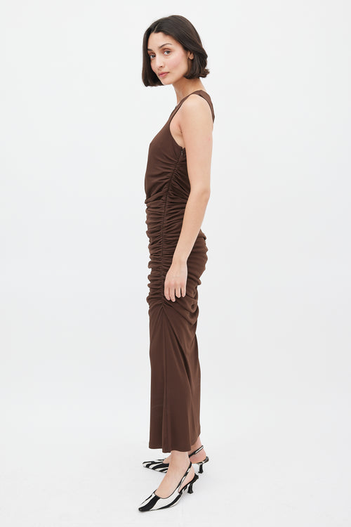 Carolina Herrera Brown Ruched Sleeveless Midi Dress