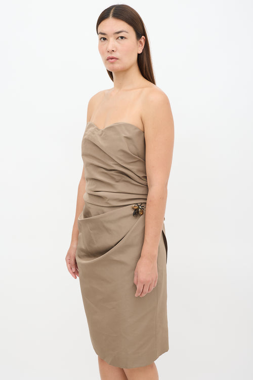 Carolina Herrera Brown Silk Embellished Draped Midi Dress