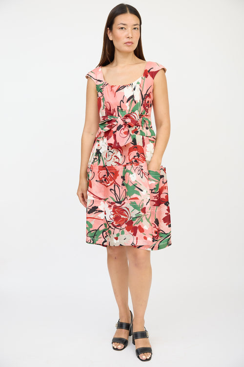 Carolina Herrera Pink & Multicolour Floral Tiered Bow Dress