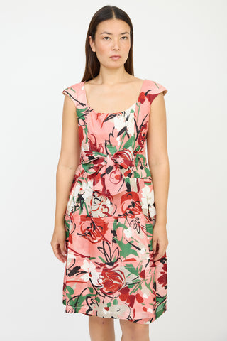 Carolina Herrera Pink & Multicolour Floral Tiered Bow Dress