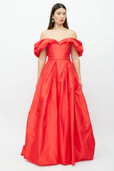 Carolina Herrera // Red Silk Off The Shoulder Gown – VSP Consignment