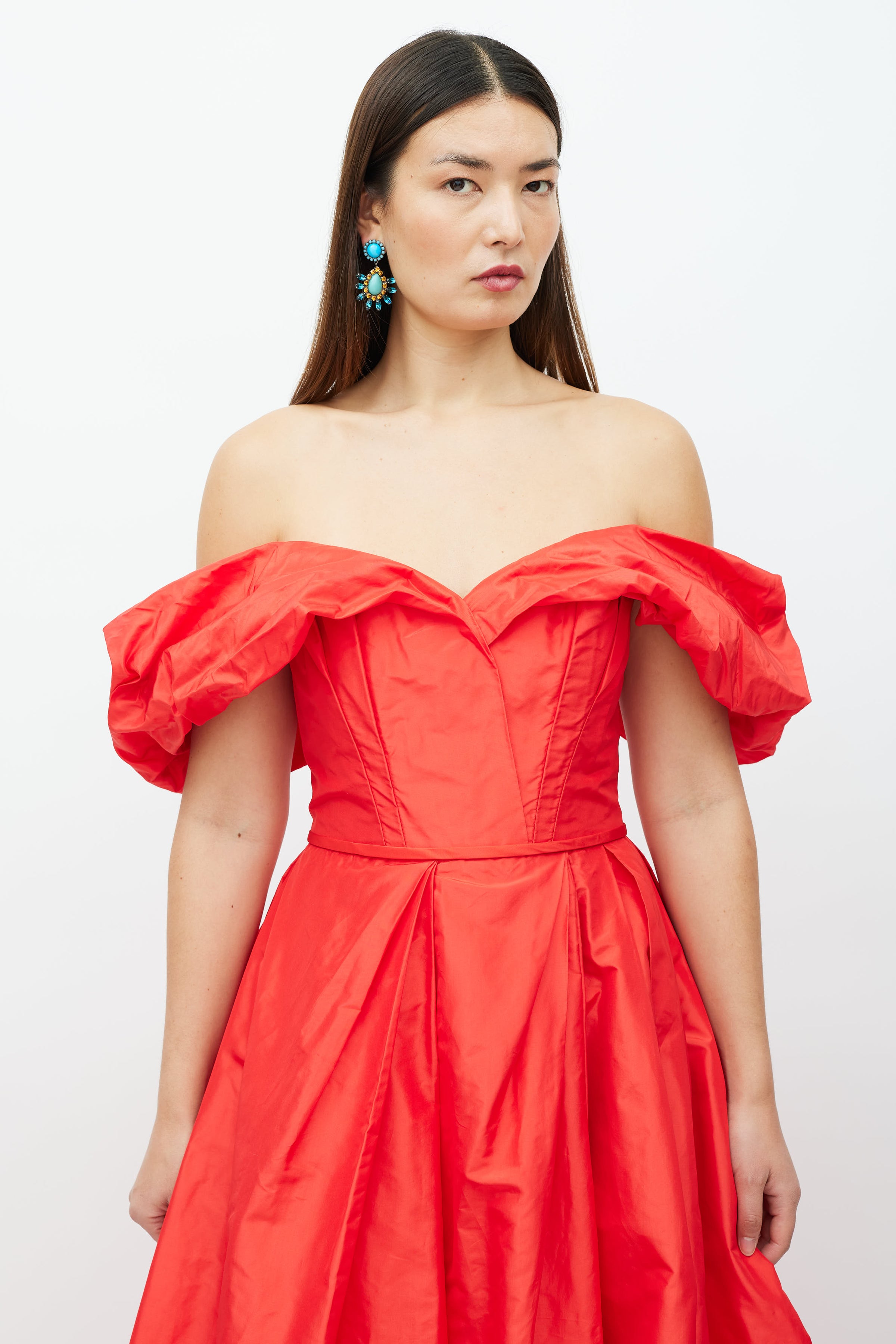 Carolina Herrera // Red Silk Off The Shoulder Gown VSP Consignment Carolina Herrera // Red Silk Off The Shoulder Gown VSP Consignment