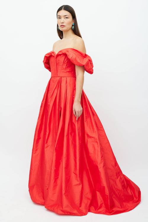 Carolina Herrera Red Silk Off The Shoulder Gown