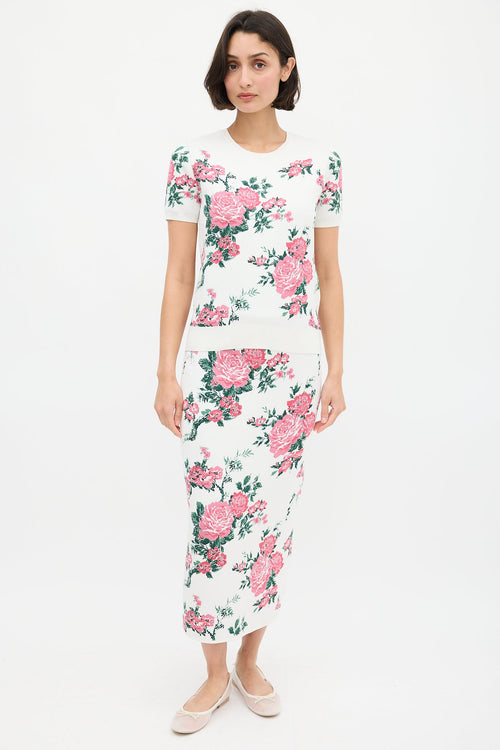 Carolina Herrera White & Pink Silk Floral Skirt Set