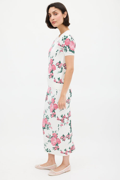 Carolina Herrera White & Pink Silk Floral Skirt Set