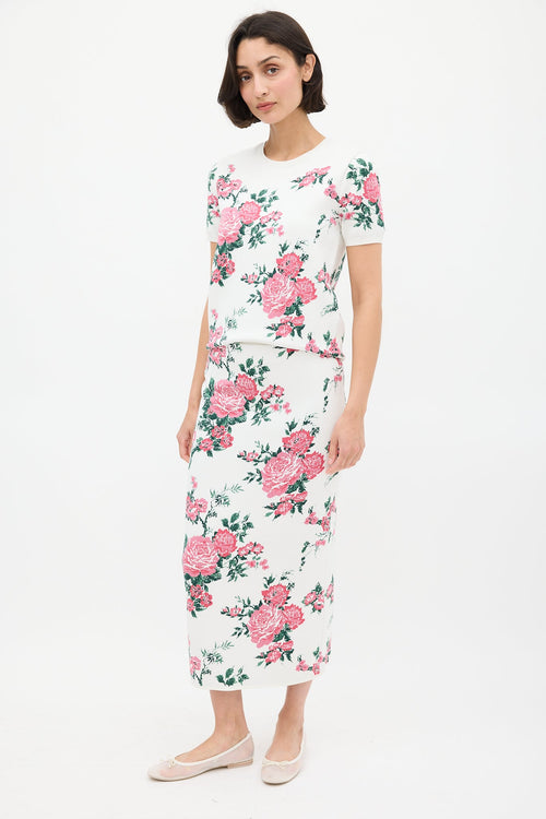 Carolina Herrera White & Pink Silk Floral Skirt Set